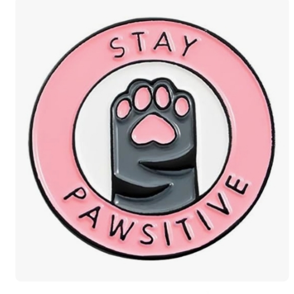 Stay Pawsitive Enamel Pin - Pink & Gray Cat Paw